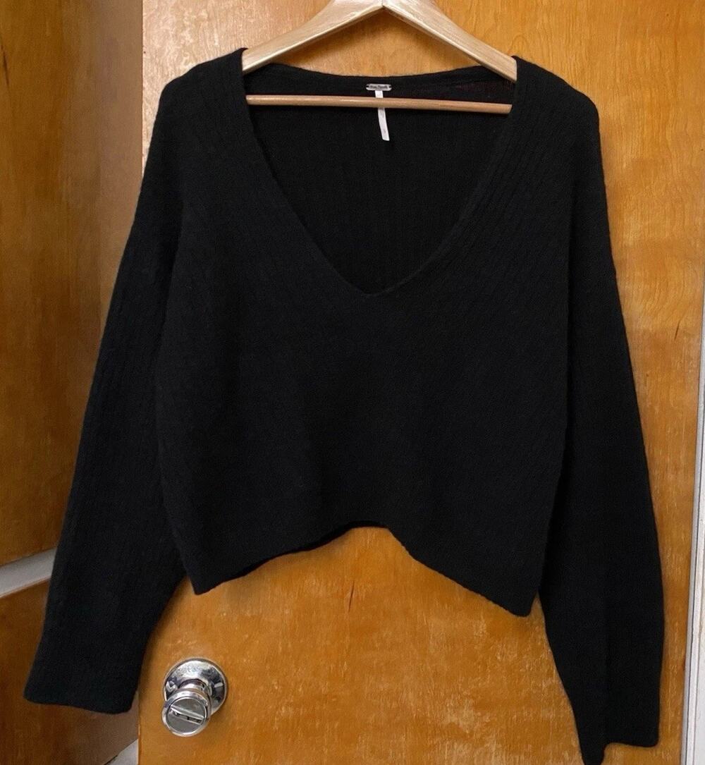Free People Elias Black Cashmere Slouchy V Neck Sweater Oversized Ribbed Size L